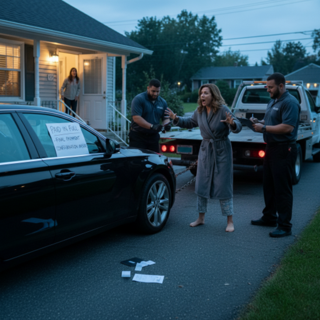 Car being repossed while car owner is shocked