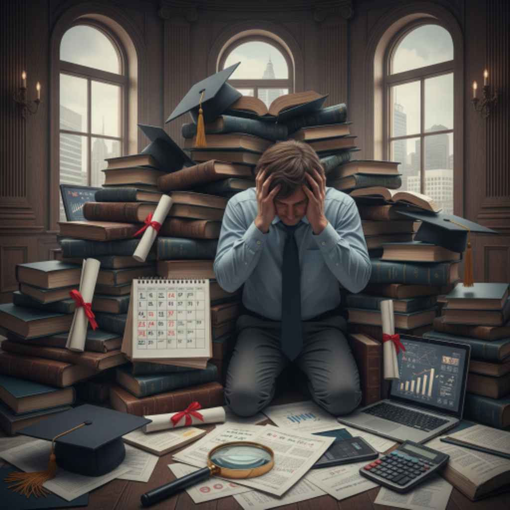 Person overwhelmed, surrounded by school items